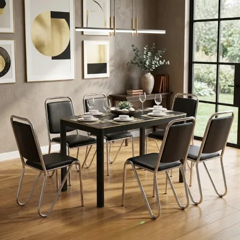 Black and Chrome 6 Seater Dining Table and Chair Set
