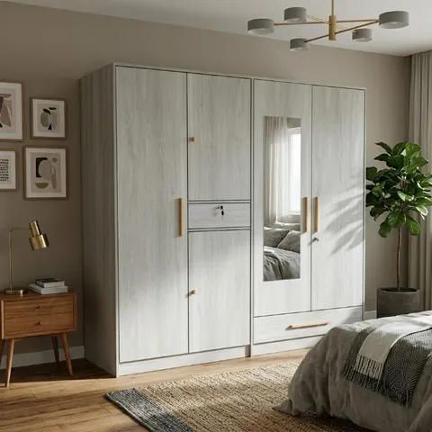 4-Door Wood Grain Wardrobe with Mirror and Gold Handles