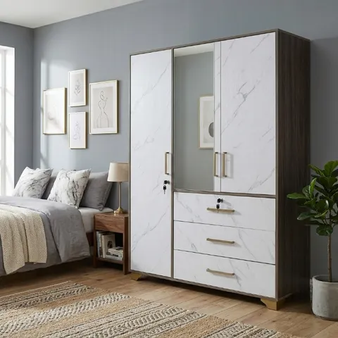3 Door Wardrobe with Mirror and Drawers in Marble Effect